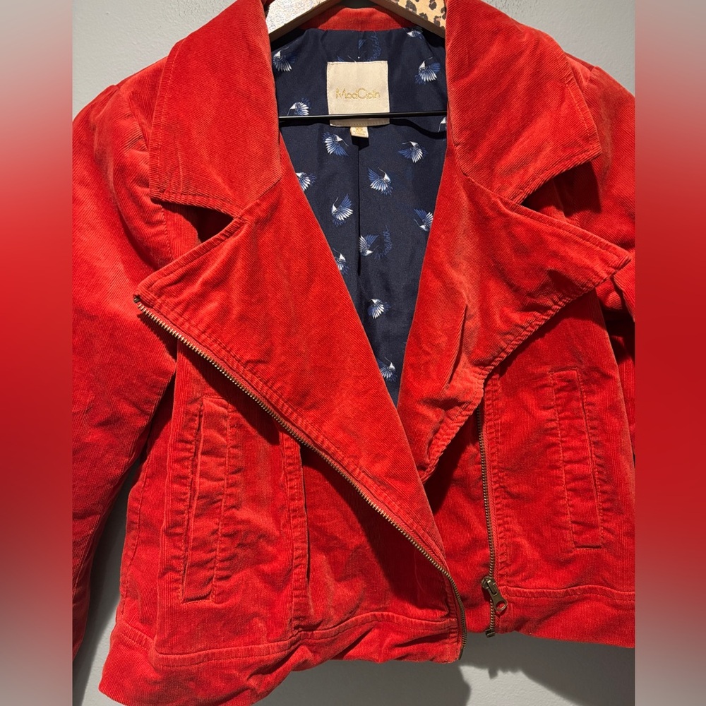 MODCLOTH | Red Orange Corduroy Moto Asymmetrical Zip Collar Jacket - Picture 3 of 5